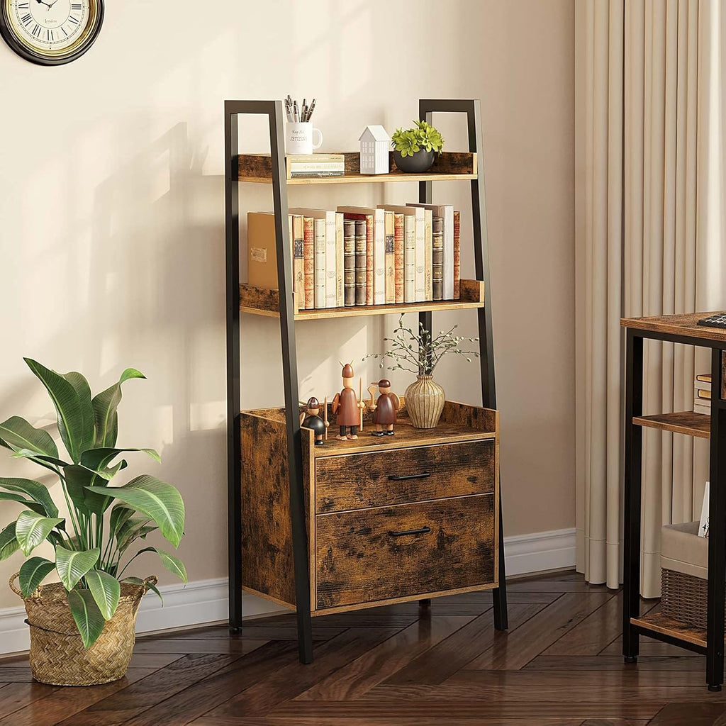Rustic Brown 3 Tier Ladder Shelf with 2 Drawers W73108