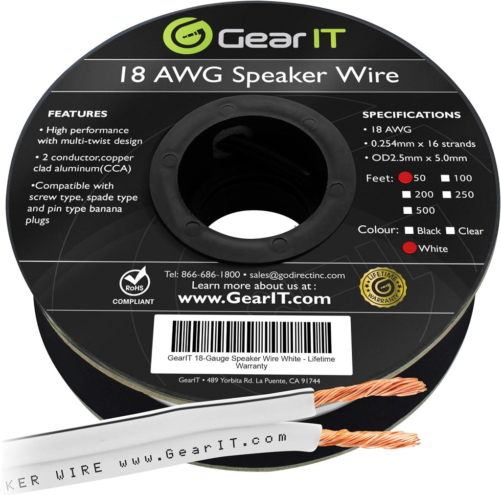 18 AWG Speaker Wire Cable 100 Feet White Pack of 2 J58276