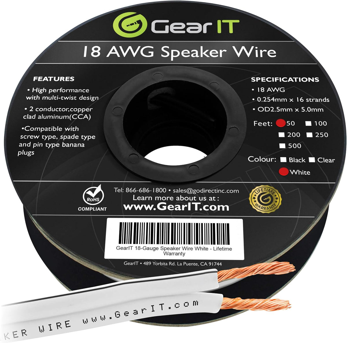 18 AWG Speaker Wire Cable 100 Feet White Pack of 2 J58276