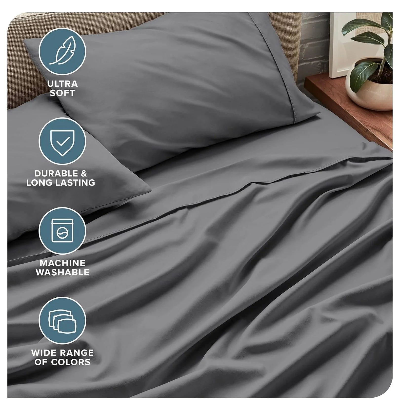 Full XL 4 Piece Microfiber Bed Sheets with Pillowcases, Grey E6540