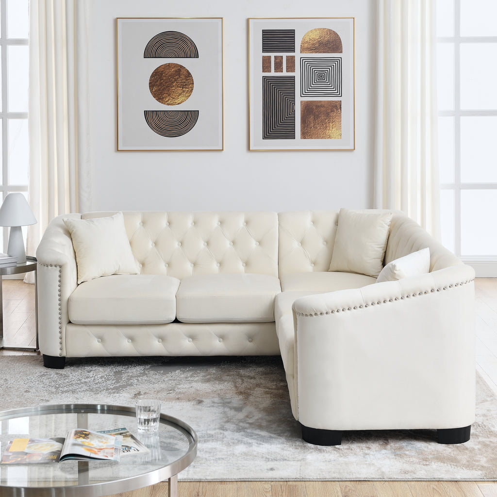 Beige Velvet 5-Seater Corner Sofa with 3 Cushions C83381