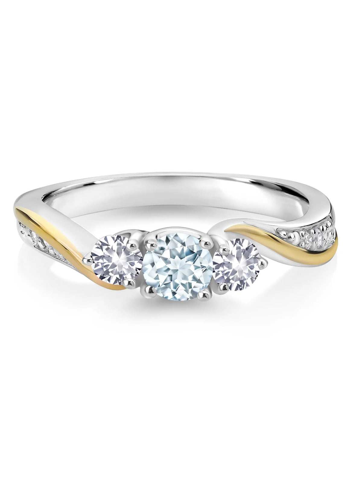 925 Silver 10K Yellow Gold Sky Blue Aquamarine White Created Sapphire White Lab Grown Diamond 3 Stone Engagement Ring E1052