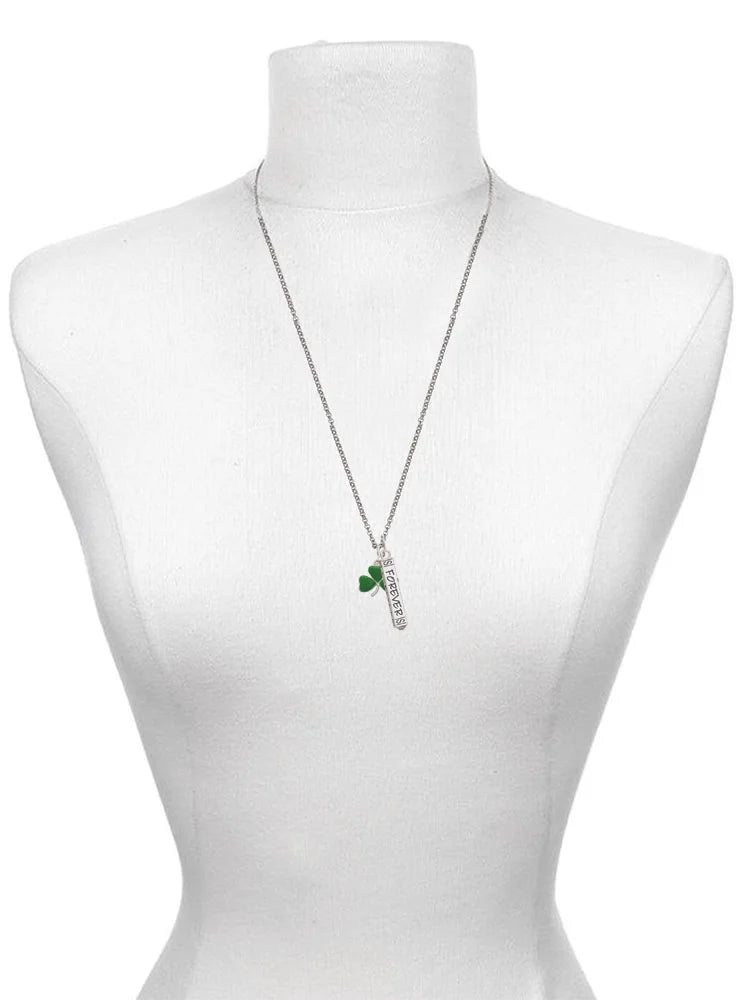 Silvertone Three Leaf Clover Guardian Angel Bar Charm Necklace, 23" C408