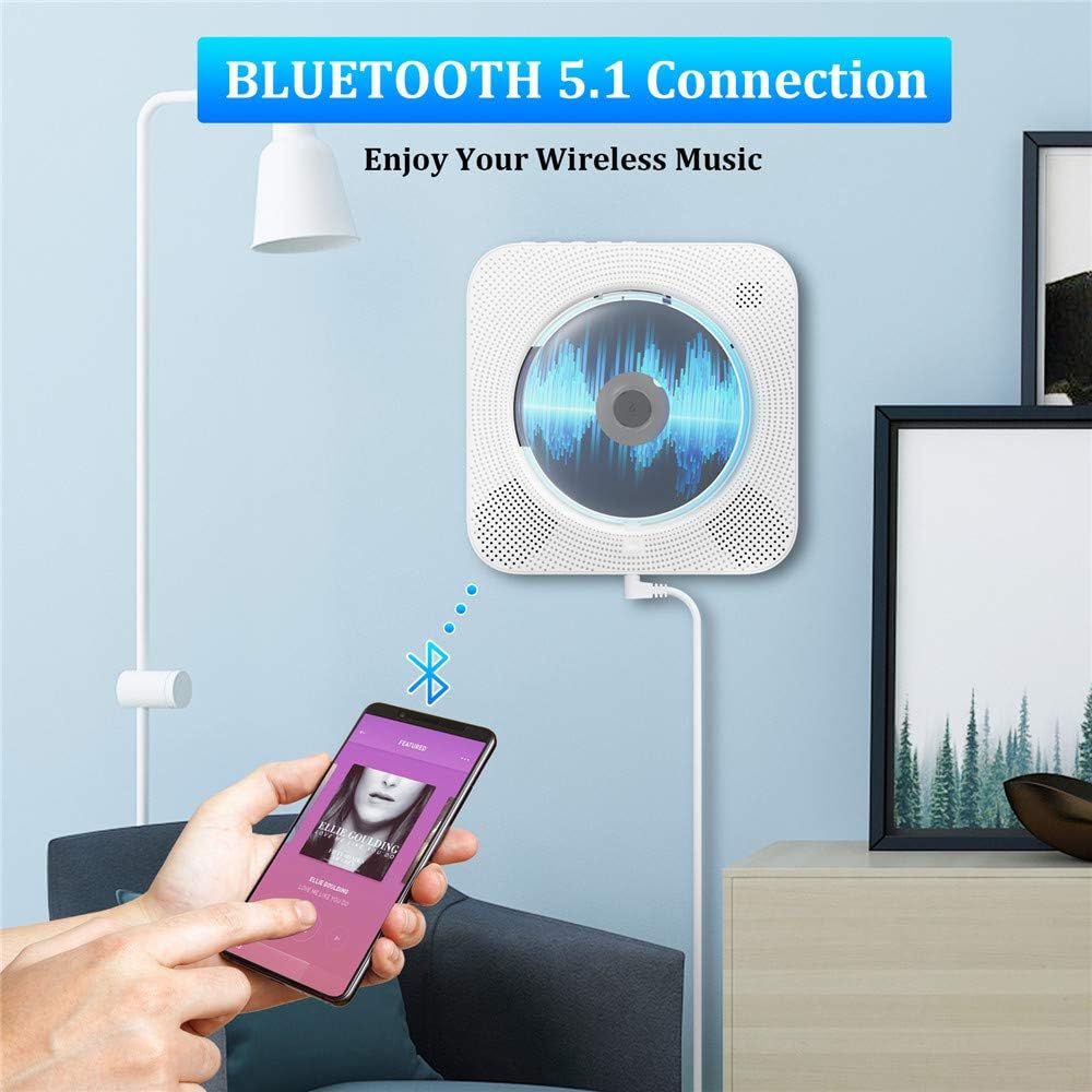 CD Player with Bluetooth, Portable Wall Mountable CD Player with Dust Cover, Home Audio Boombox with Remote Control FM Radio Colorful Light MP3 Headphone Jack AUX Input Output Pack of 2 N81412