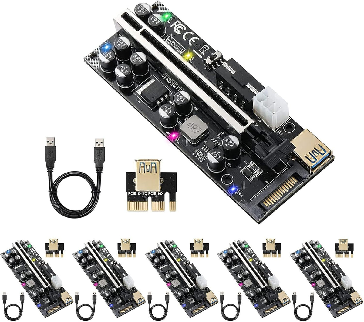 PCIE Riser 10 Solid Capacitors with RGB LED Light & 60cm USB 3.0 Extension Cable, Pack of 2 N3475