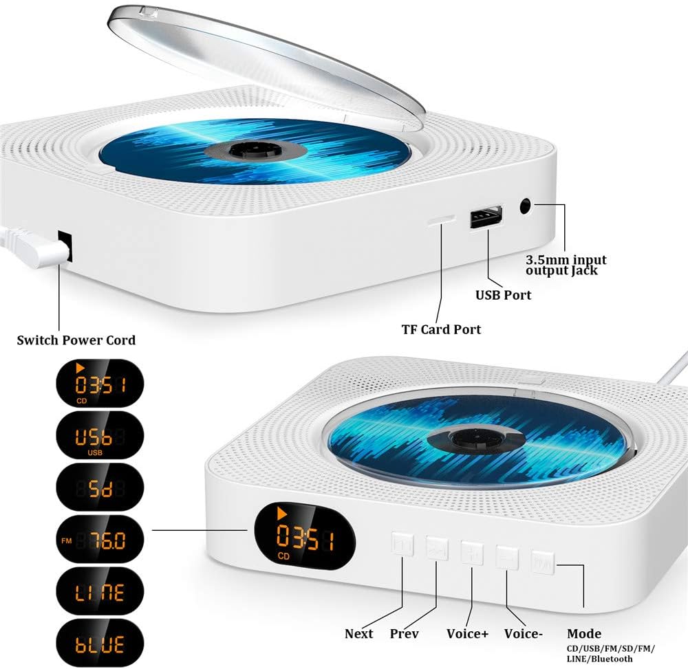 CD Player with Bluetooth, Portable Wall Mountable CD Player with Dust Cover, Home Audio Boombox with Remote Control FM Radio Colorful Light MP3 Headphone Jack AUX Input Output Pack of 2 N81412