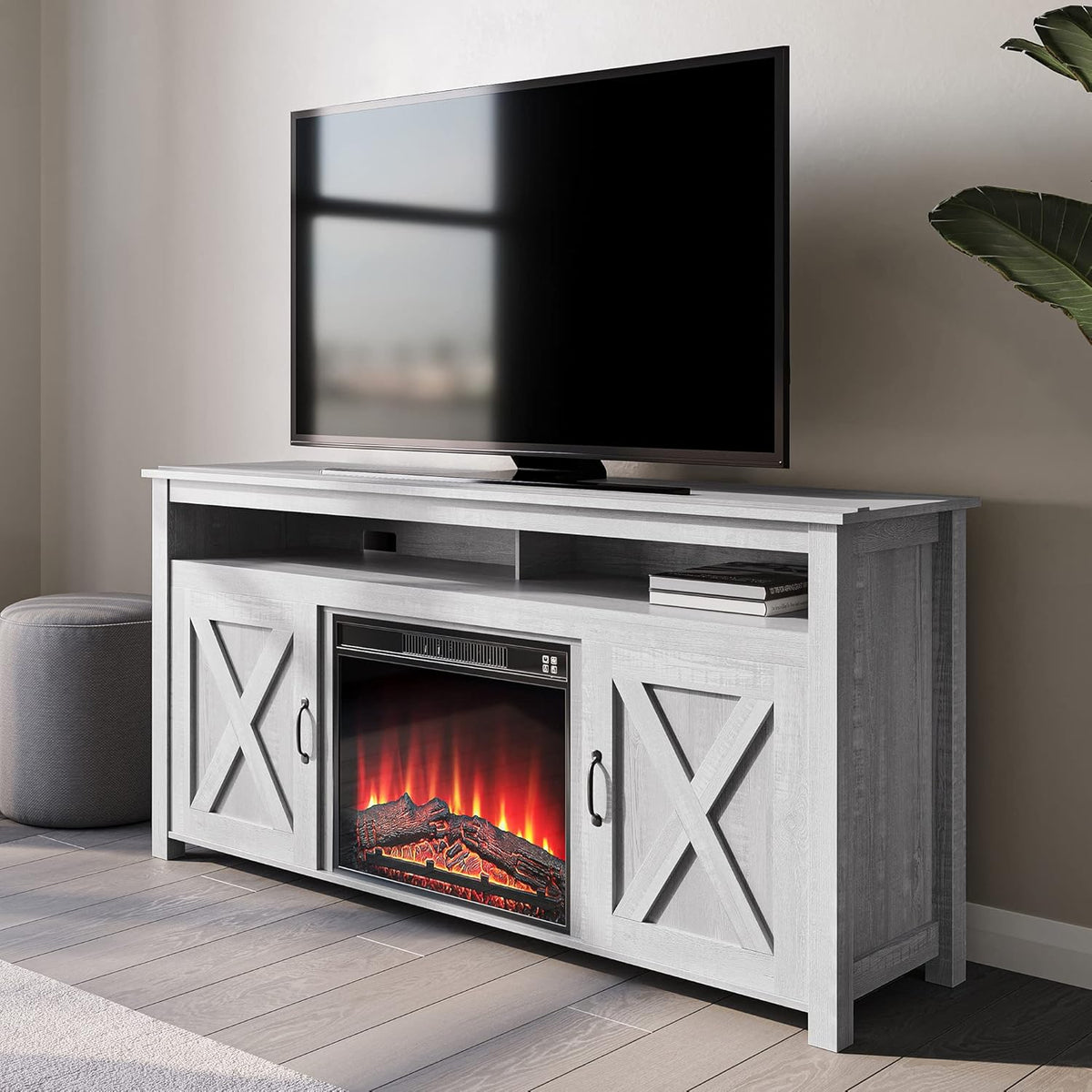 Modern Barn Door Wood Electric Fireplace TV Stand with Two Open Shelves and Cabinets F8359