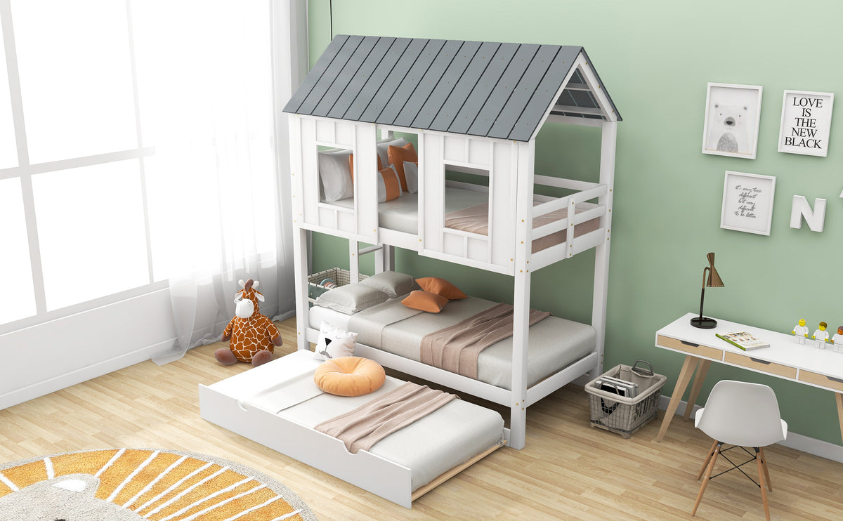 Twin Size House Bunk Bed with Trundle A980075