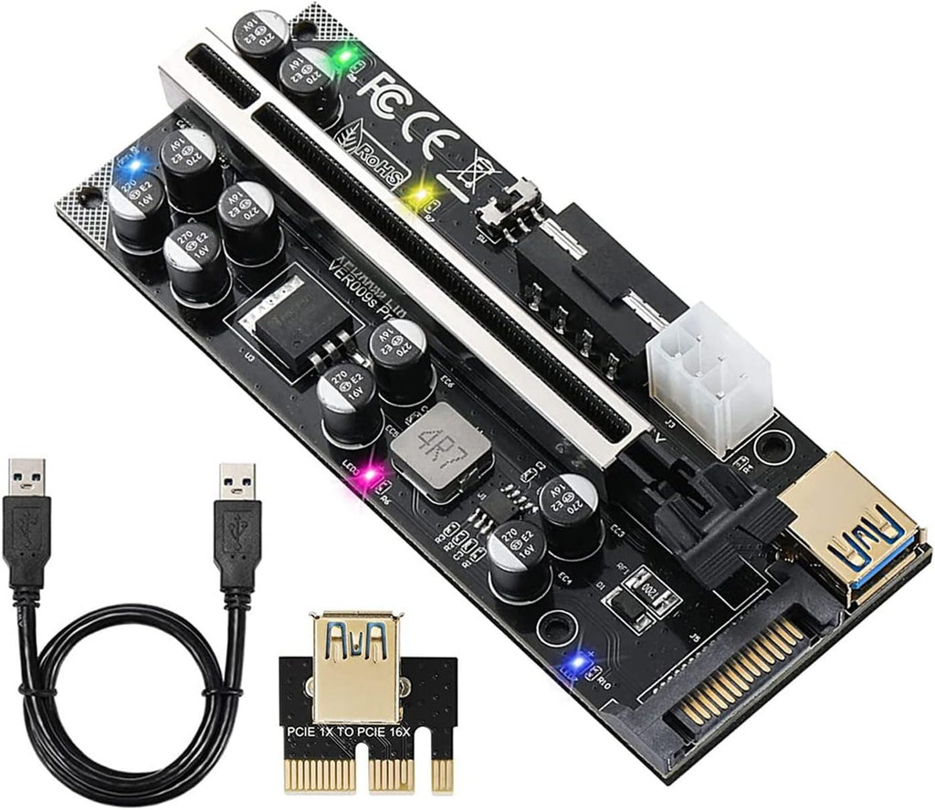 PCIE Riser 10 Solid Capacitors with RGB LED Light & 60cm USB 3.0 Extension Cable, Pack of 2 N3475