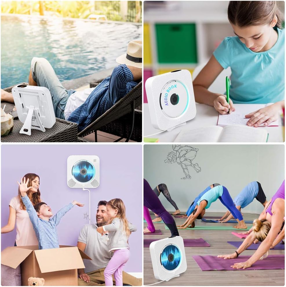 CD Player with Bluetooth, Portable Wall Mountable CD Player with Dust Cover, Home Audio Boombox with Remote Control FM Radio Colorful Light MP3 Headphone Jack AUX Input Output Pack of 2 N81412