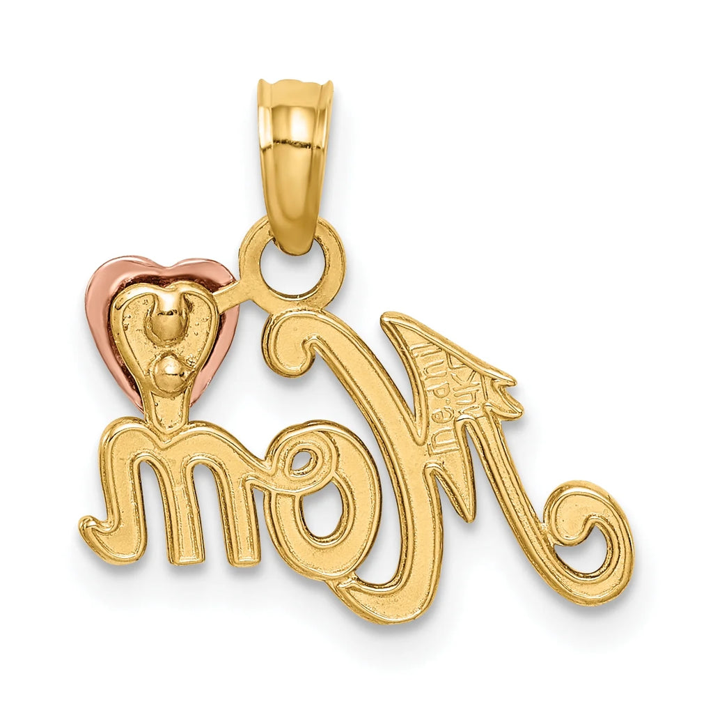 14K Two-Tone Gold Mom With Heart Pendant with 10K Yellow Gold Rope Chain 16" L282