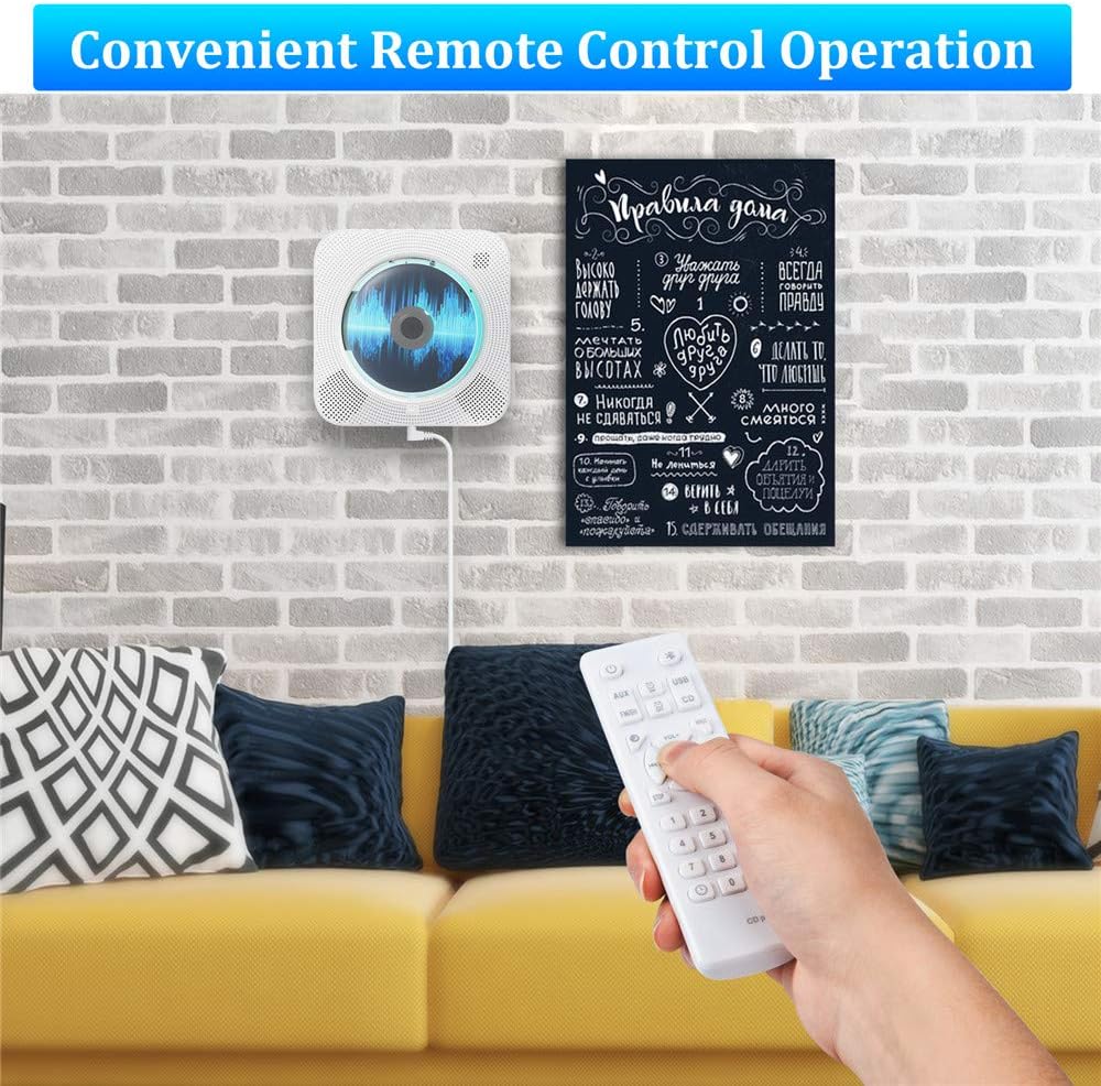 CD Player with Bluetooth, Portable Wall Mountable CD Player with Dust Cover, Home Audio Boombox with Remote Control FM Radio Colorful Light MP3 Headphone Jack AUX Input Output Pack of 2 N81412