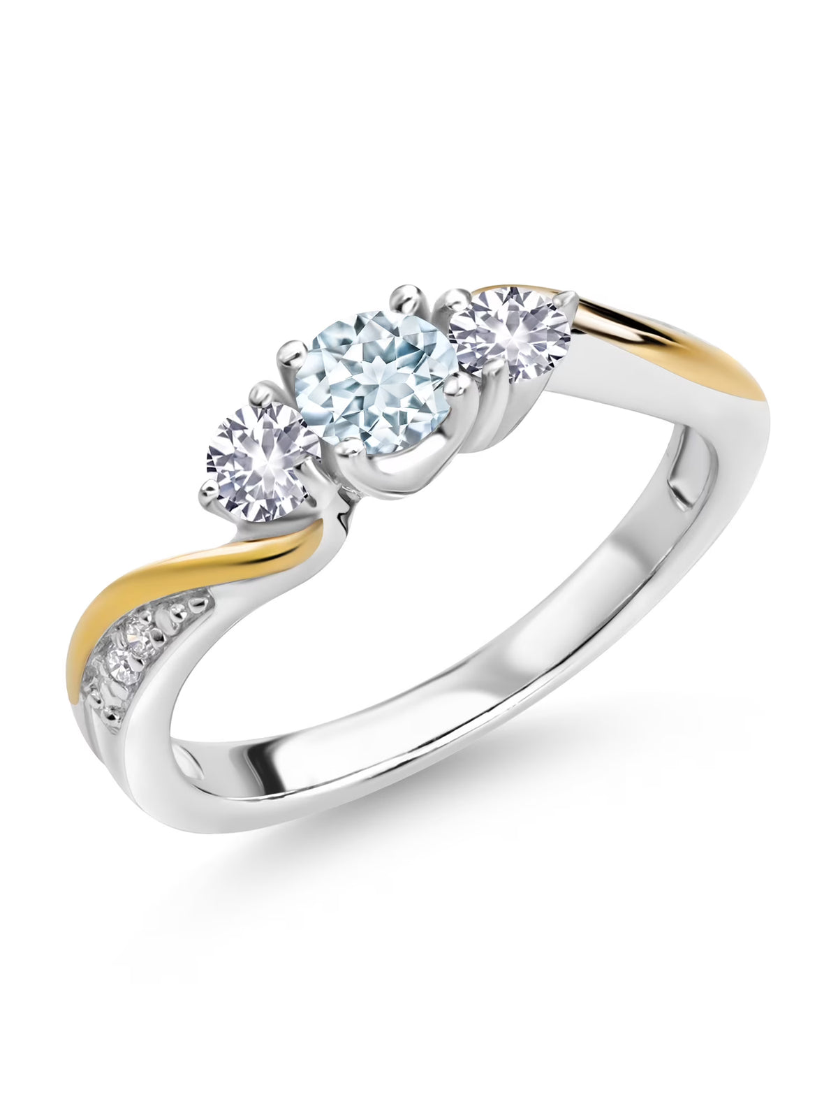 925 Silver 10K Yellow Gold Sky Blue Aquamarine White Created Sapphire White Lab Grown Diamond 3 Stone Engagement Ring E1052