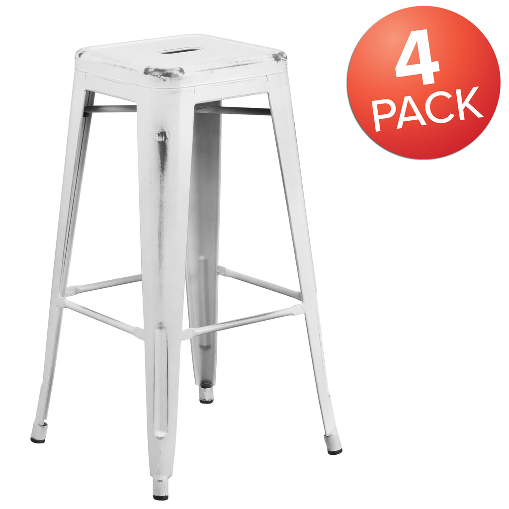 4 Pack 30" High Backless Distressed White Metal Barstool V146