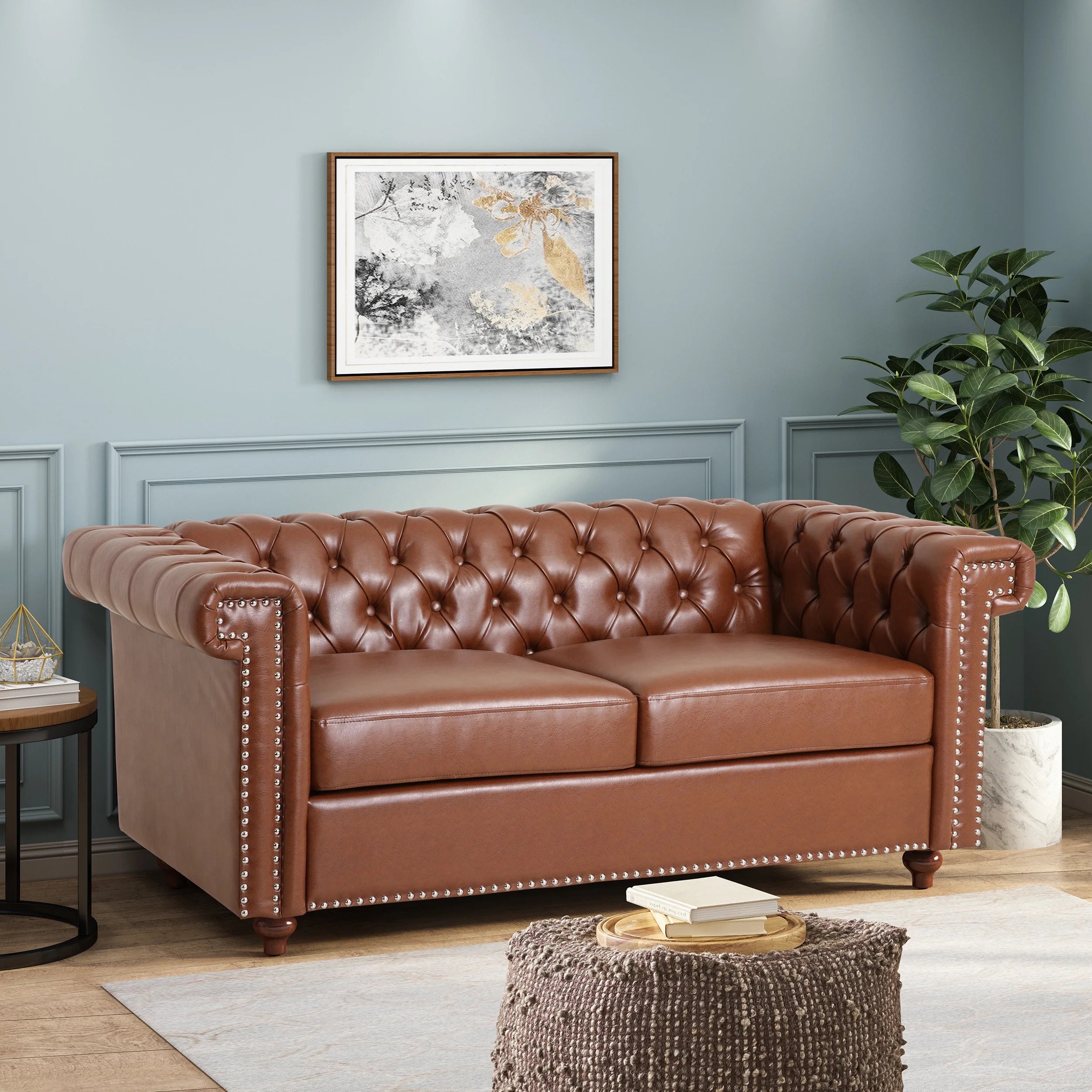 Cognac Brown Upholstered Button Tufted Loveseat with Nailhead Trim T543257