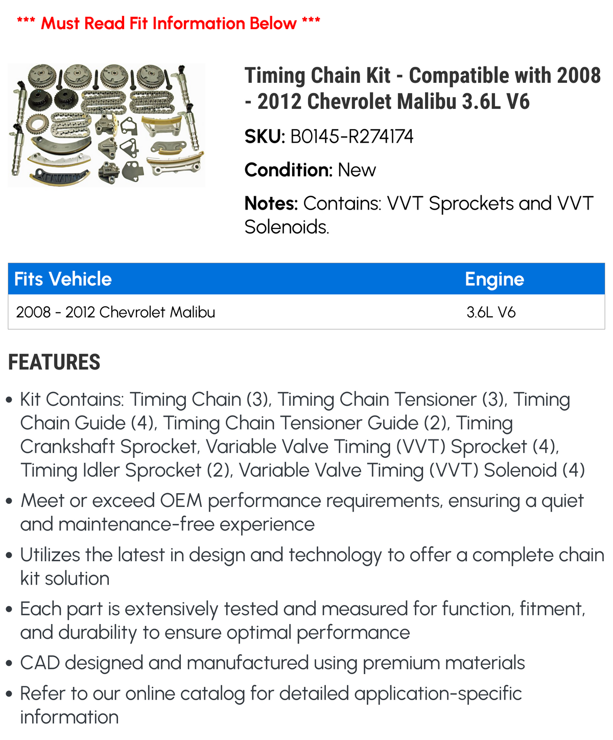Timing Chain Kit for 2008-2012 Chevy Malibu 3.6L V6 U494